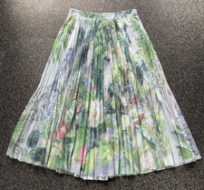 Red Valentino Micro Pleated Midi Skirt Tropical Print Lined Mesh Elastic Waist L