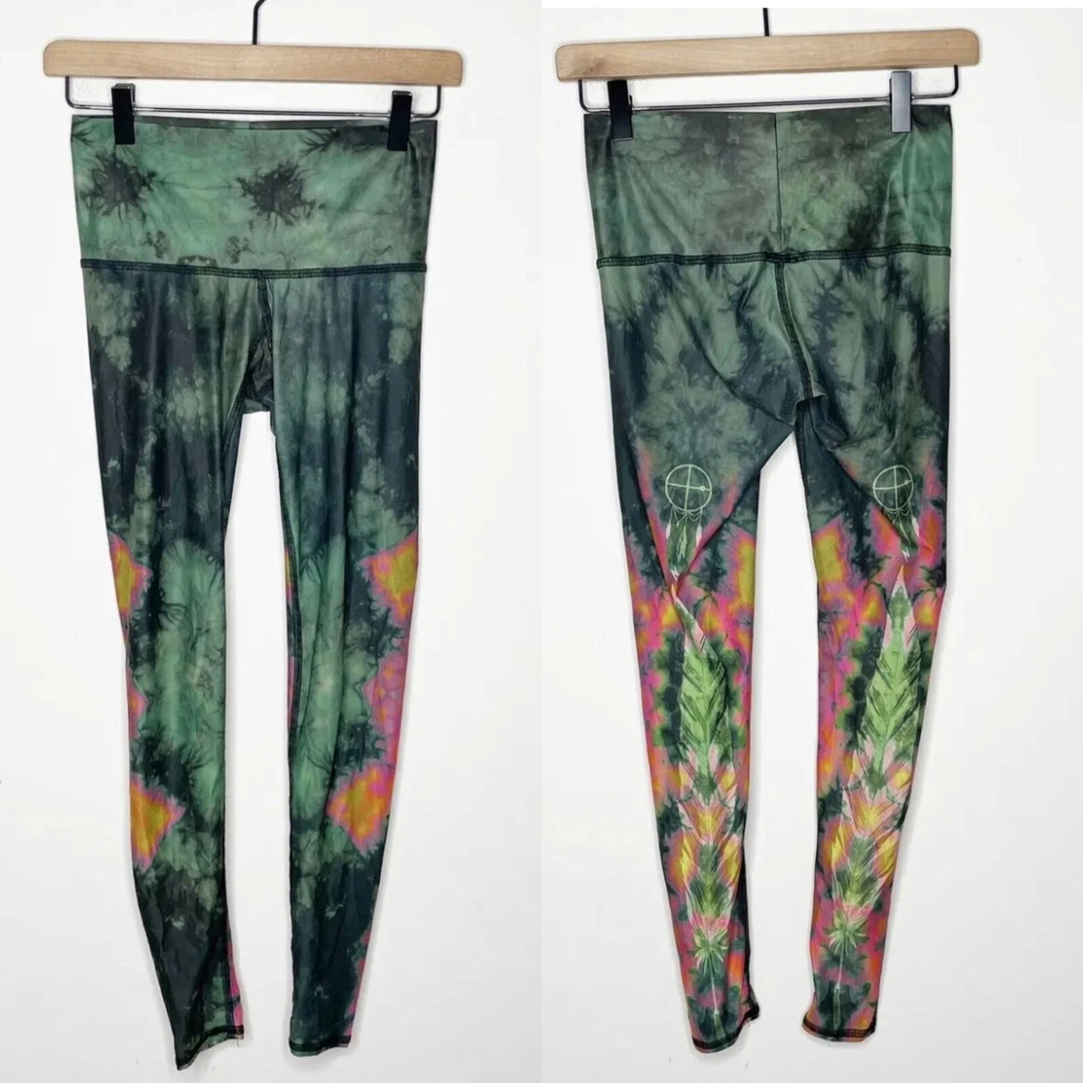 Teeki Hot Yoga Leggings Pant Eagle Feather Green Tie Dye XS