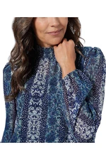 Susan Graver Printed Chiffon Smocked Mock Neck Fully Lined Top Navy