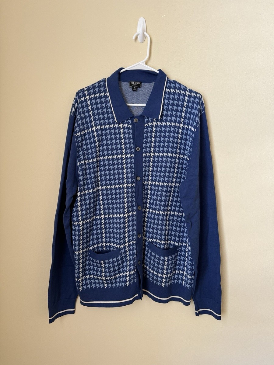 Todd Snyder Houndstooth Plaid Polo Button Up Shirt Blue Silk