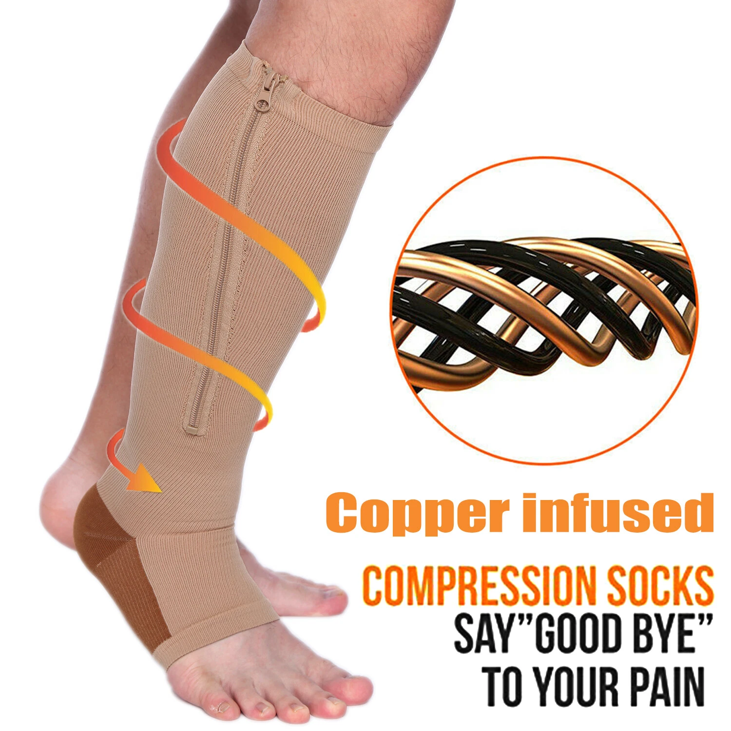Copper Zipper Compression Socks Support Graduated Stockings Women Mens 20-30mmHg