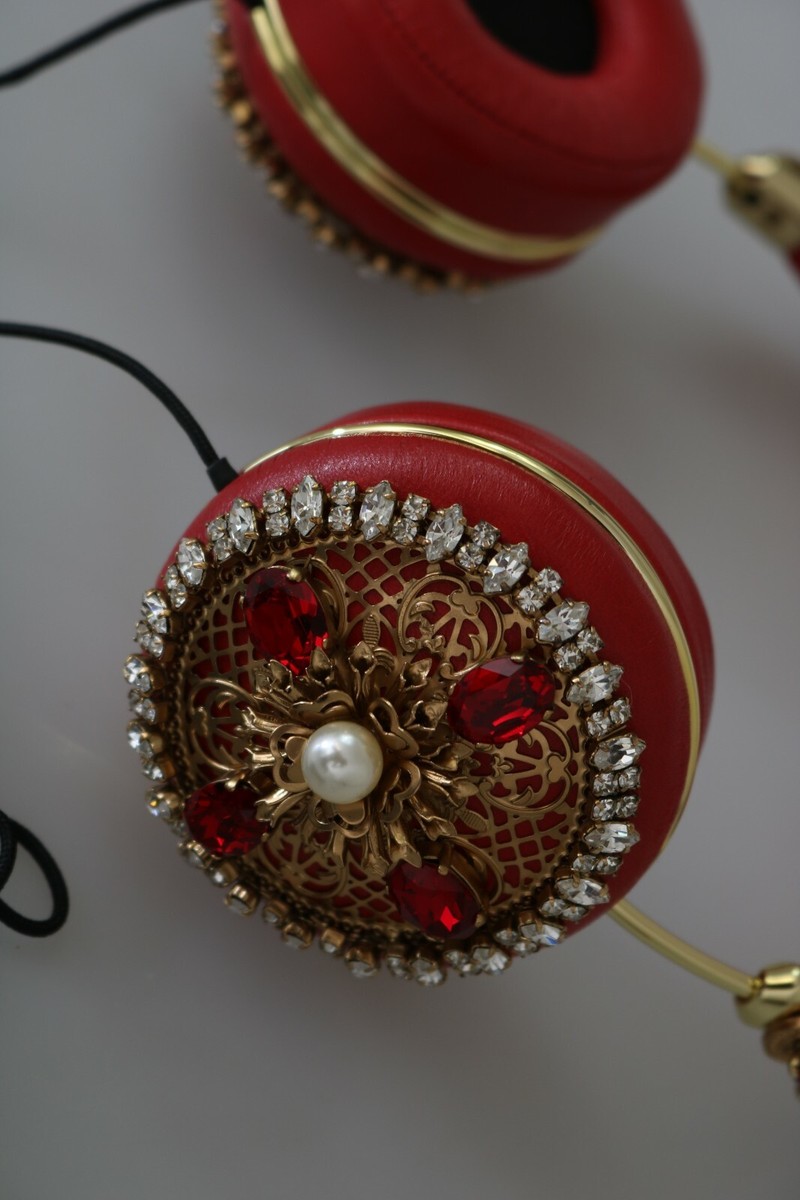 【VIP価格】DOLCE & GABBANA Red Leather Floral Headphones DOLCE & GABBANA Headphone Red Nappa Leather Floral Crystal