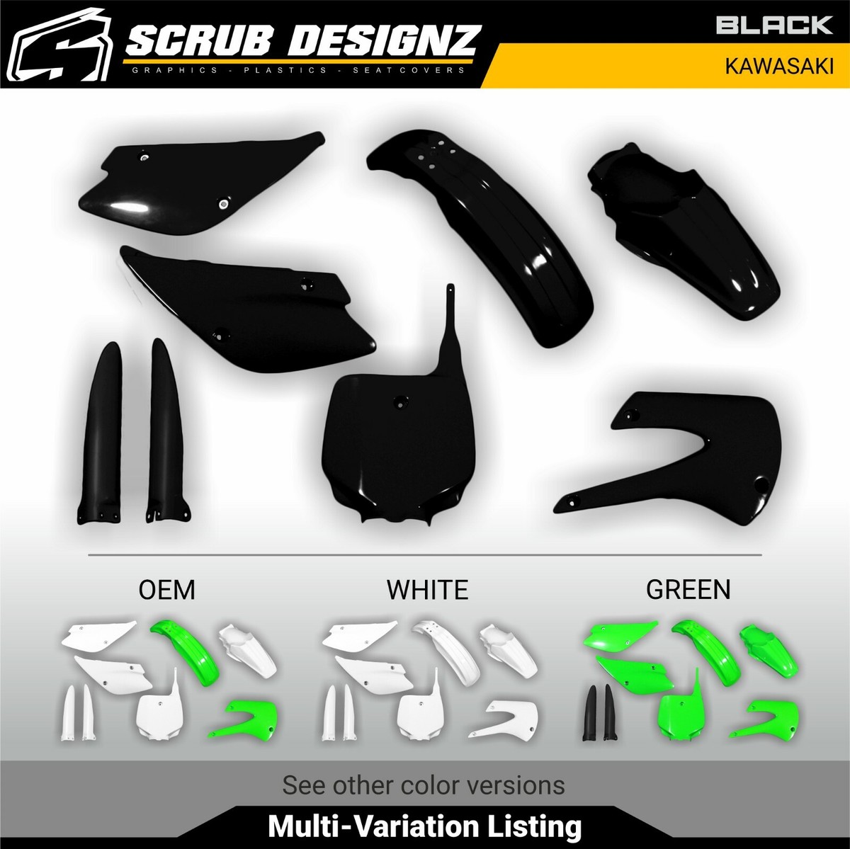 Kawasaki KX80 KX100 1998 1999 2000 Black/White/Green Plastic Body