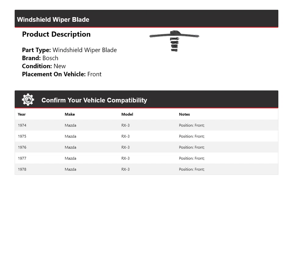 Limpiaparabrisas delantero 1975 para Mazda RX-3 1974-1978 Bosch Clear Advantage Foto 2 de 4