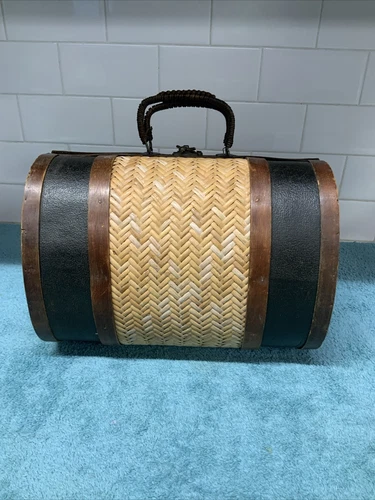 Wicker Rattan And Wood Purse/Handbag With Black Leather Trim~Rare Find!