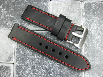 24mm SOFT COW LEATHER STRAP Black Watch Band Red Stitch for PANERAI 24