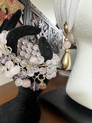 Vintage Rose Quartz Faceted Crystal Beads Signed Gold tone Stretch  Bracelet,