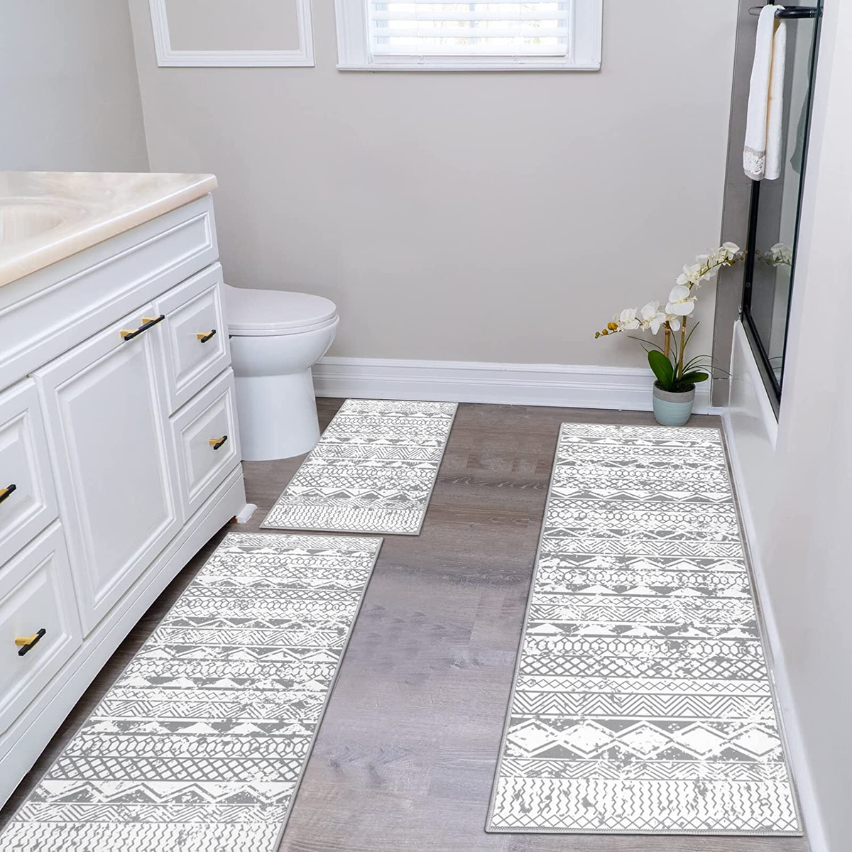 Non-Slip Kitchen Mats Set Of 2 - Washable Rugs 20"x32" & 20"x48", Grey Farmhouse Floor Mats