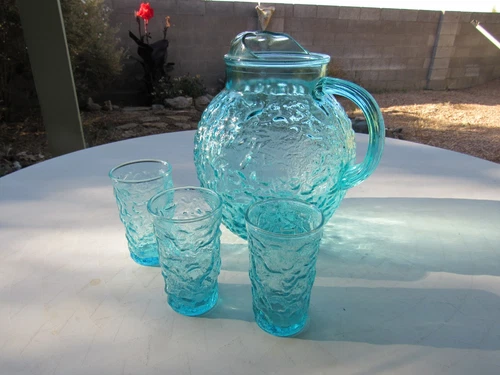Vintage Anchor Hocking Lido Milano Glass Pitcher Aqua Blue Teal 96 oz & 3 Cups