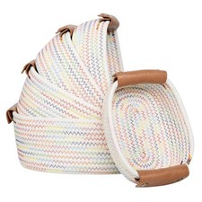 Storage Basket Set of 5 - Cotton Rope Baskets With Leather Handles Small Woven