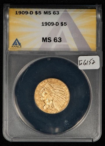 1909-D G$5 Indian Head Gold Half Eagle - ANACS MS 63 - SKU-G6152