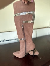 Brown High Heeled Knee High Boots And Cream White Knee High Boots For Sale