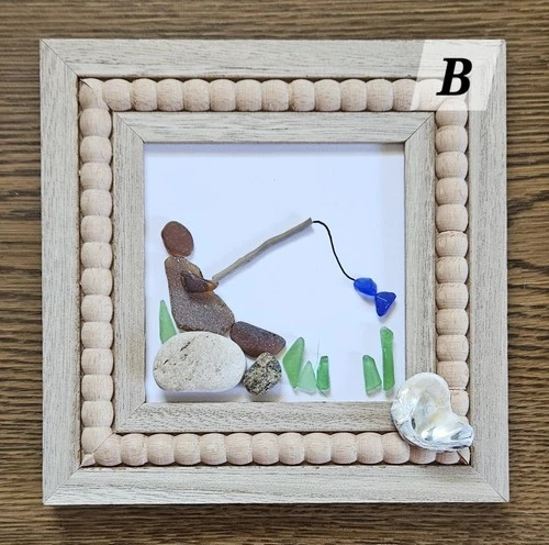 Lake Erie Beach Glass and Pebble Art FISHING Framed Picture Coastal Decor Sea 