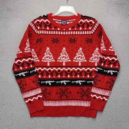 Retro Rifle Christmas Sweater Mens Large Red Fair Isle Gun Rifle Tree Pullover