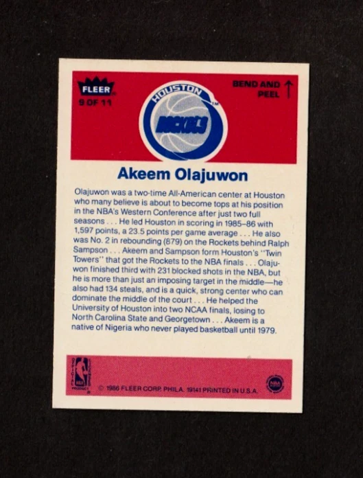 Pegatina Fleer Akeem Olajuwon 1986 novato #9 de 11 casi nuevo/como nuevo alta calidad Foto 2 de 2
