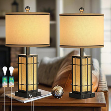 Set of 2 Black Farmhouse Table Lamps with USB Ports and Bulbs Included