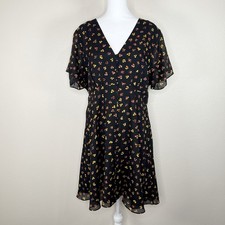 Madewell Black Feline Floral Silk Short Sleeve Button-Front Swing Dress NWT