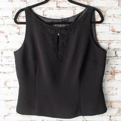 Alex Evenings Tank Top Womens XL Black Paisley Embellished Sleeveless Pullover