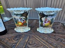 Pair antique french vieux paris porcelain hand paint romantic decor vases