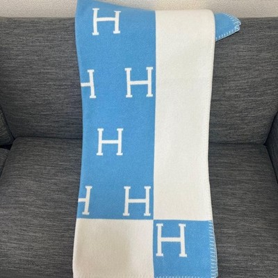 HERMES Blanket AVALON Throw Wool Blend Wool Cashmere blue used no