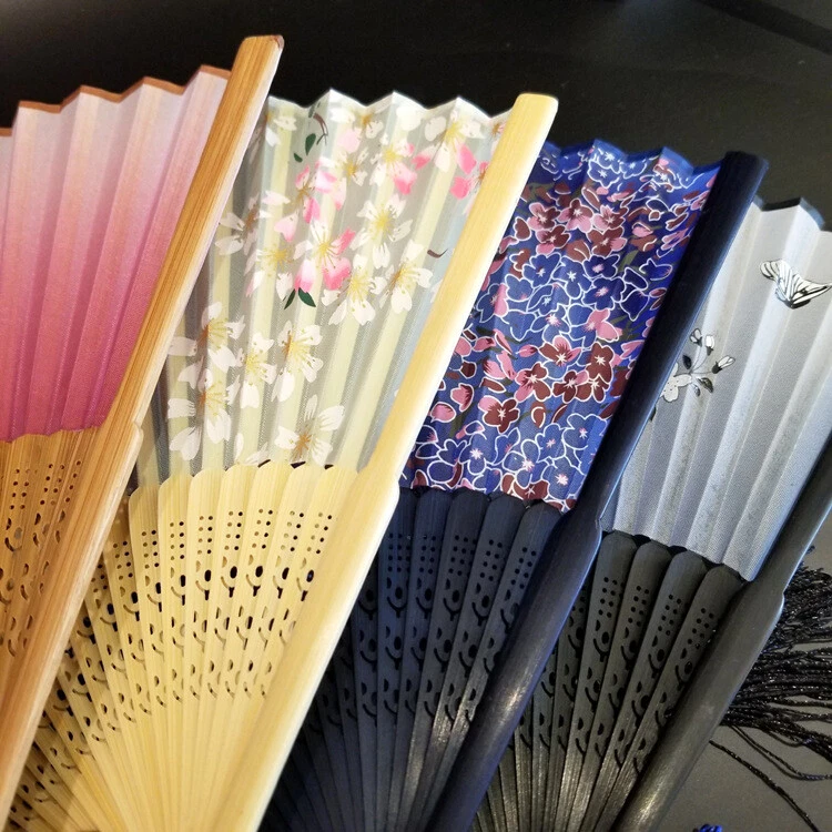 2PCS Vintage Style Chinese Silk Bamboo Folding Hand Fan Floral Fans with Tassels - Image 4 of 4