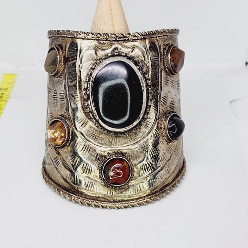 Vintage Tribal Ethnic Silver Tone Large Cuff Bracelet With Semi Precious Stones