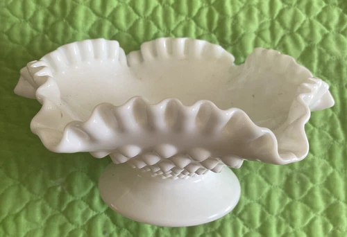 Fenton White Hobnail Ruffled Edge Bowl with base. Milk Glass