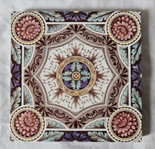 ELEGANT ENGLISH SYMMETRICAL ANTIQUE 6 INCH TILE, CIRCA 19TH CENTURY colourful