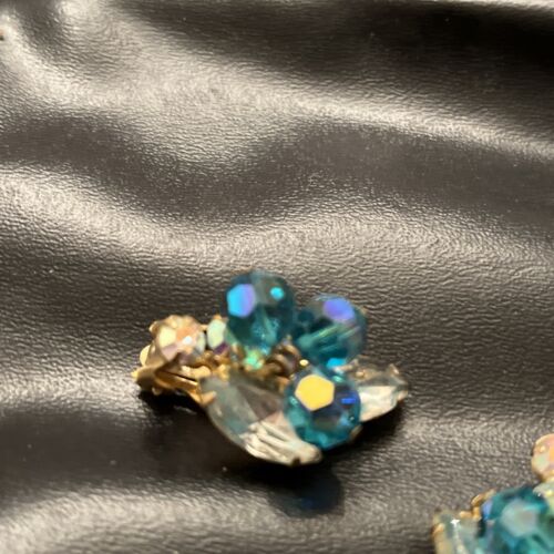 Vintage Brosche und Ohrringe Set Aqua Blau Eis Strass Clip On - Bild 4 von 13