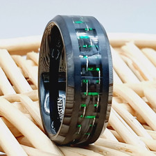 Black Tungsten Ring Men's Wedding Band Green and Black Carbon Fiber Inlay Center