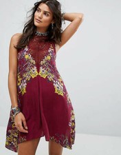 Free People Marsha Printed Slip Dress Wine Red Lace High Neck Mini Dress XS