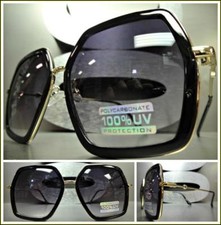 OVERSIZED EXAGGERATED VINTAGE RETRO Style SUN GLASSES Black  Gold Hexagon Frame