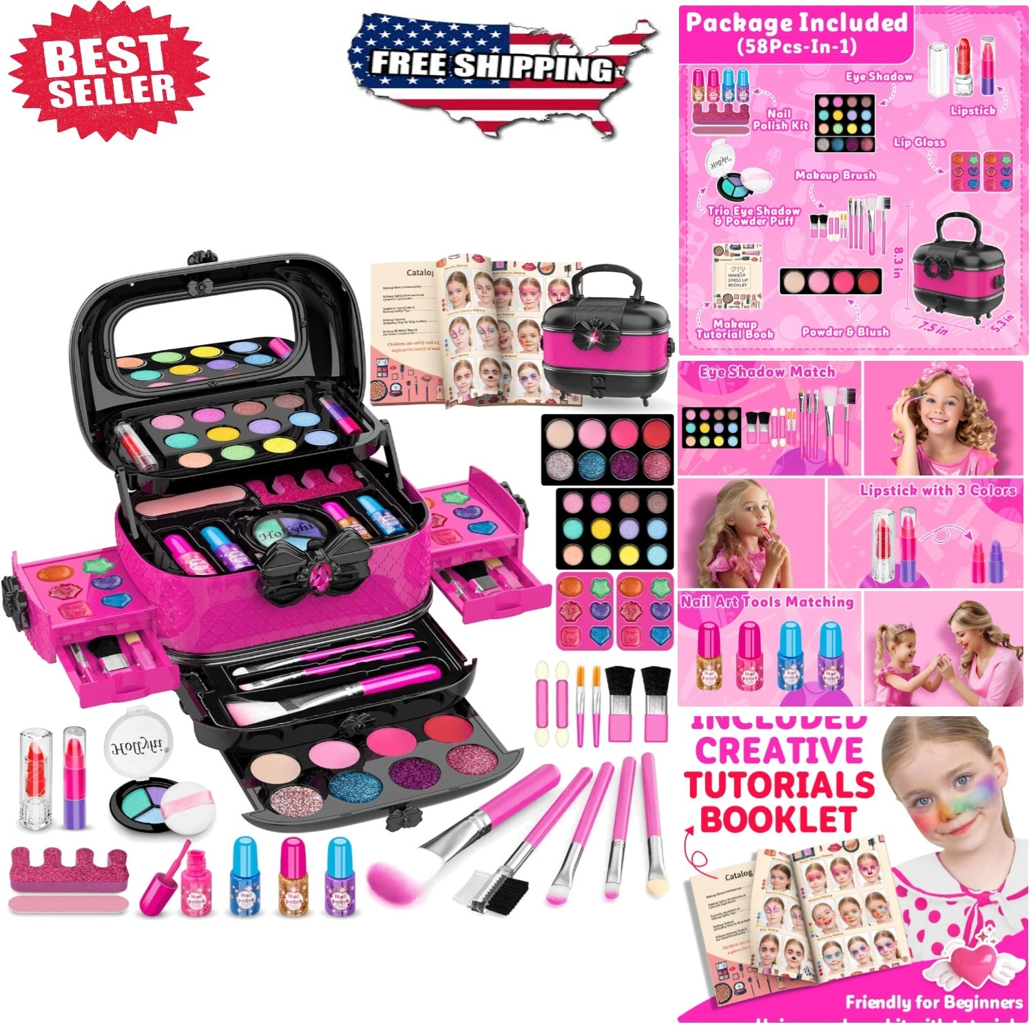 58-Piece Kids Makeup Kit with Mirror - Safe Washable Princess Set for Ages 3-12