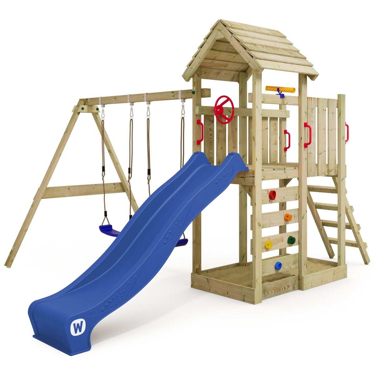 WICKEY MultiFlyer Wooden climbing frame with swing, wooden roof and slide