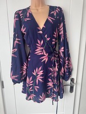 Dancing Leopard Navy Pink Floral Wrap Long Sleeve Dress UK 10 S Stretch B38