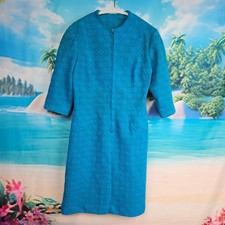 Vintage Turquoise Textured Zip Front Shift Dress Hand Made Womens M No Tags 70s