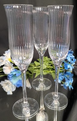 3 Orrefors HARMONY Fluted Optic Luxury Crystal Champagne Flutes Glasses Set