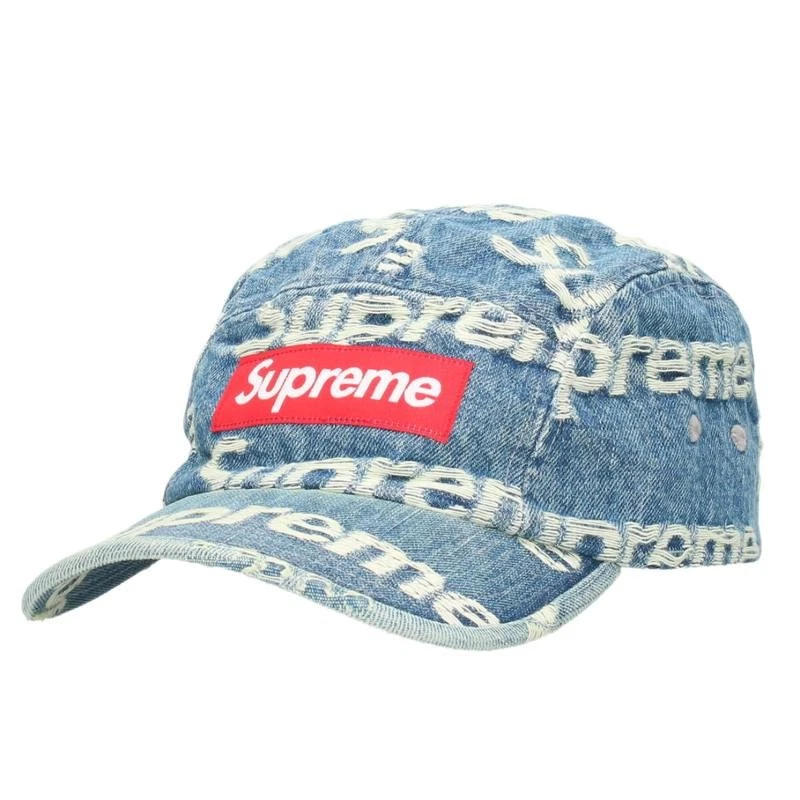Casquette de camp en denim logos effilochés suprêmes logo libre motif entier boîte bleu AC311