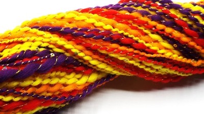 Handspun Art Yarn ~ Purple ~ Yellow ~ Red ~ Orange ~ 71 yards ~ 2 ply ~ Wool