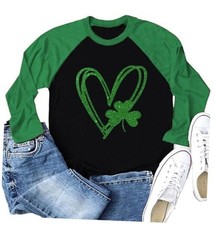 St. Patrick's Day Shirts for Women Raglan Long Sleeve Lucky Large Cjx04bk