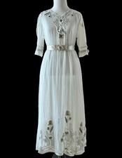 Antique Edwardian Dress, 1910s Net Lace Silk Hand Embroidered Dress, XS