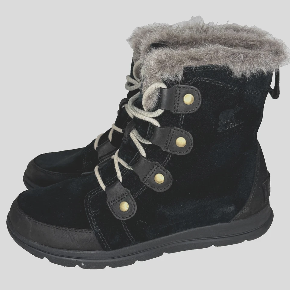 Sorel Boots Womens Size 9 Black Suede Faux Fur Lace Up Winter Snow NL3039-010 - Image 2 of 4