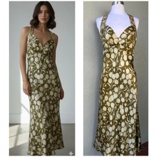 VTG Vera Wang Gold Label Olive Green Floral Bias Cut Silk Halter Formal Dress 10