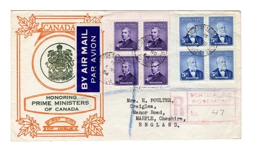 R667 Canada FDC - 1954 Prime Ministers - Thermal Ink Cachet FDC Cover - Blocks