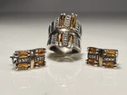Vintage Deco Sterling Silver 18K Gold Ring and Earrings Citrine CZ  Stones