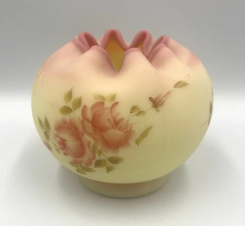 Vintage Fenton Burmese Rose Pinched Bowl Satin Uranium Custard Glass Signed