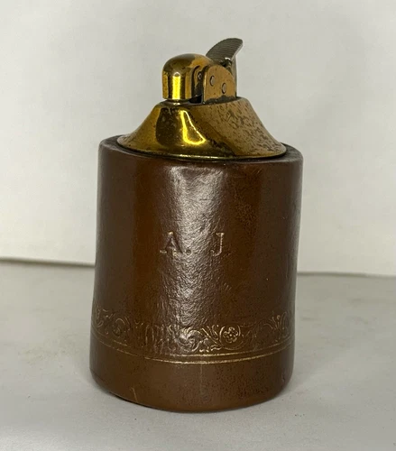 Evan’s Brown Leather Wrap Table Lighter - Gold Tone Finish, Brown & Gold Colors