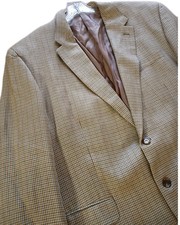 CHAPS 100 Silk Houndstooth Blazer Sz 48L Tan Blue Sport Coat 2 Button Academia