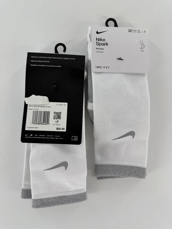 2 Nike Spark Running Cushioned Crew Socks White Men 10-11.5 W 11.5-13 CU7200-100 - Image 4 of 4