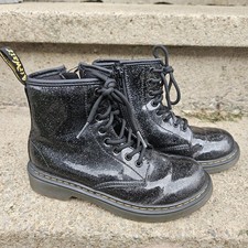 Doc Martens Sparkle Combat Boots Girls Sz 2 Iridescent Black Glitter Airwair Zip